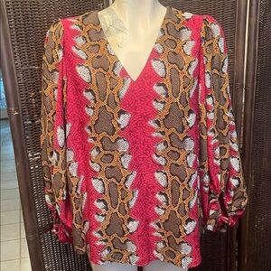 Adrienne V-Neck Snake Print Blouse in Pink and Brown
